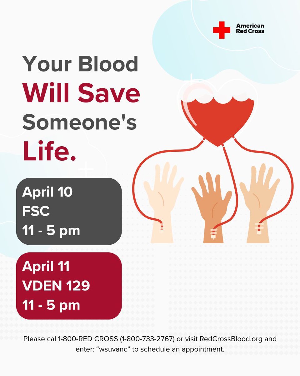 Your blood can save lives.
🗓️ April 10: FSC | April 11: VDEN 129
🕚 11 AM - 5 PM
💉 Donate with <a href="/RedCross/">American Red Cross</a> &amp; WSU Vancouver
🔗 redcrossblood.org | Code: wsuvanc

#BloodDrive #CougsCare #GiveLife