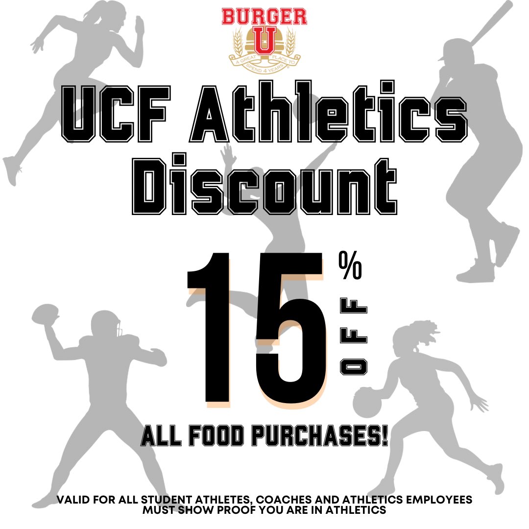 ATTENTION ALL ATHLETES‼️️

All athletes, coaches &amp; athletics staff get 15% OFF all food at Burger U!
Just show proof of your sport and save!

 #ucf #ucfathletics #ucffootball #ucfbasketball #ucfsoccer #ucfvolleyball #ucfsoftball #ucfbaseball #ucftrackandfield
