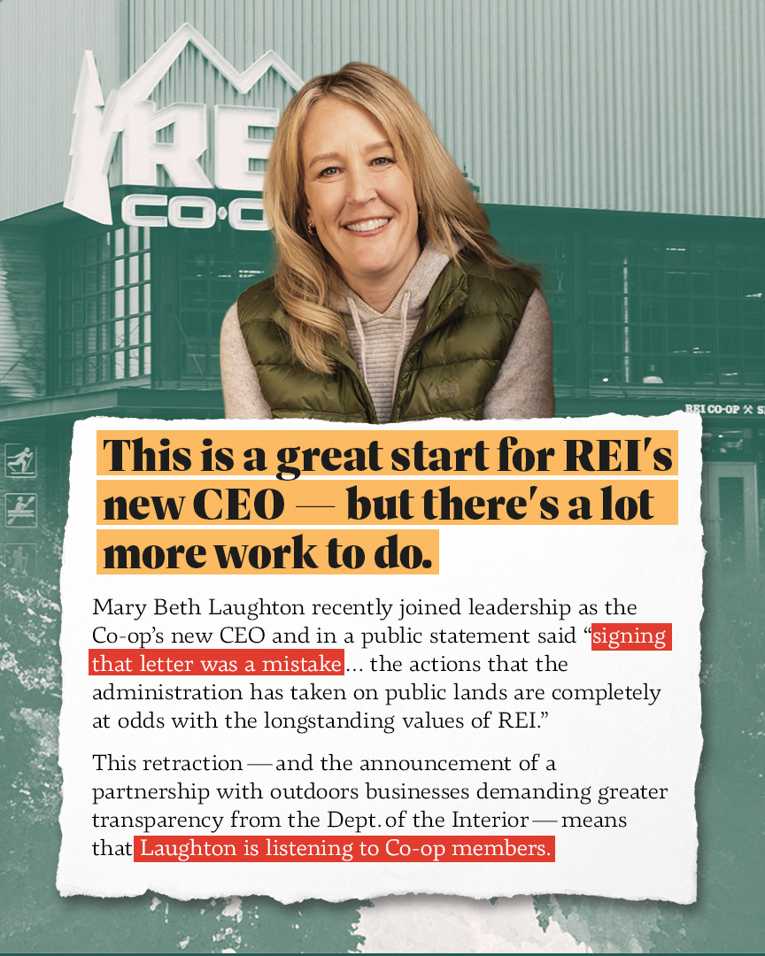 reiunion's tweet photo. BIG UPDATE: REI officially RETRACTED their public endorsement of Doug Burgum; Trump’s anti-environment pick for secretary of the interior! This comes after Co-op members and union workers across the country spent MONTHS urging REI to reverse this absurd endorsement. https://t.co/H484A9Hniw