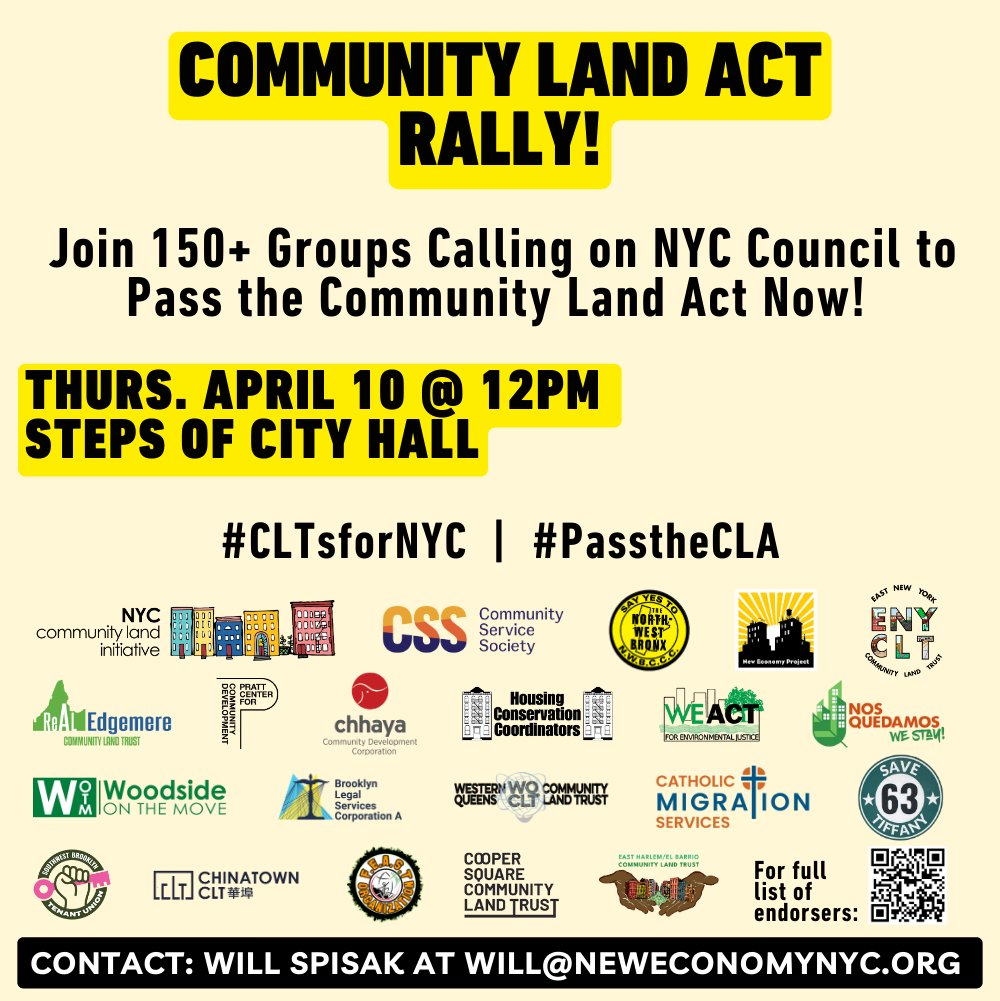 🚨Tomorrow! 🚨

The NYC Community Land Act would give CLTs &amp; other nonprofits tools to develop and preserve permanently-affordable housing, community and commercial spaces, and other critical needs. #CLTsForNYC #PassTheCLA 

Join us to rally for its passage!