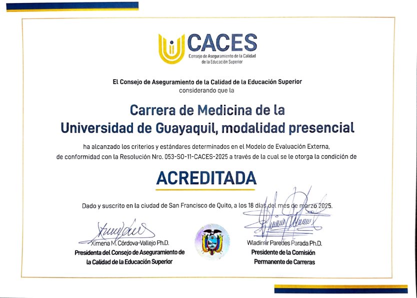 #FCMteinforma
Instagram: <a href="/ugfcm/">Facultad de Ciencias Médicas Oficial</a>
Facebook: @ugfcmo

Resultado del gran trabajo realizado por autoridades, docentes, estudiantes, personal administrativo y de servicio, hemos recibido por el CACES el certificado de acreditación de la carrera de Medicina.