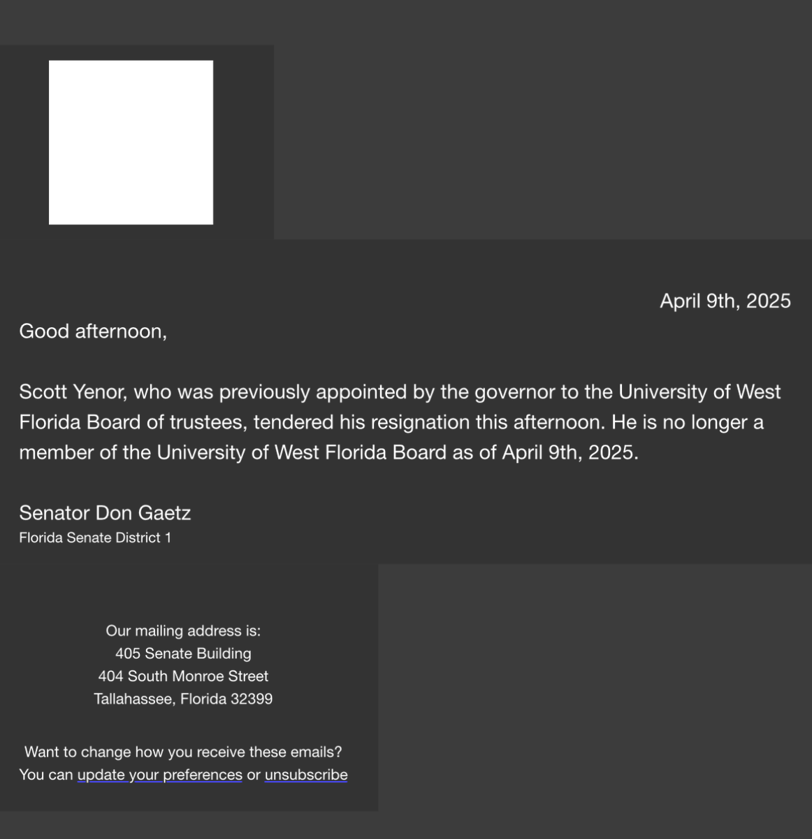 News: Dr. Scott Yenor — Gov. Ron DeSantis' controversial pick to serve as board chairman of <a href="/UWF/">UWF</a> — has resigned.

Yenor faced political backlash over comments some considered misogynistic, saying women should prioritize motherhood over other pursuits. He also drew backlash over
