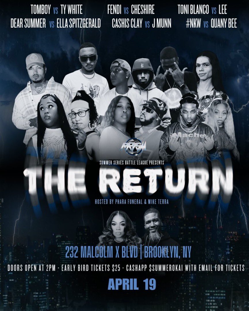 PrismPBL's tweet photo. We are BACK!!! 

APRIL 19TH!!! 

LIVE FROM BROOKLYN NY!! 

YOUR NEW HOSTS:

 @MzFuneral &amp; MIKE TERRA 

SUBSCRIBE TO @PrismPBL YOUTUBE TO SEE THIS EVENT LIVE! 

*They got a lot to talk about so make sure you pull up to the spaces face offs April 18th with music by @TwitzerlandNet https://t.co/raoz8xjiEq