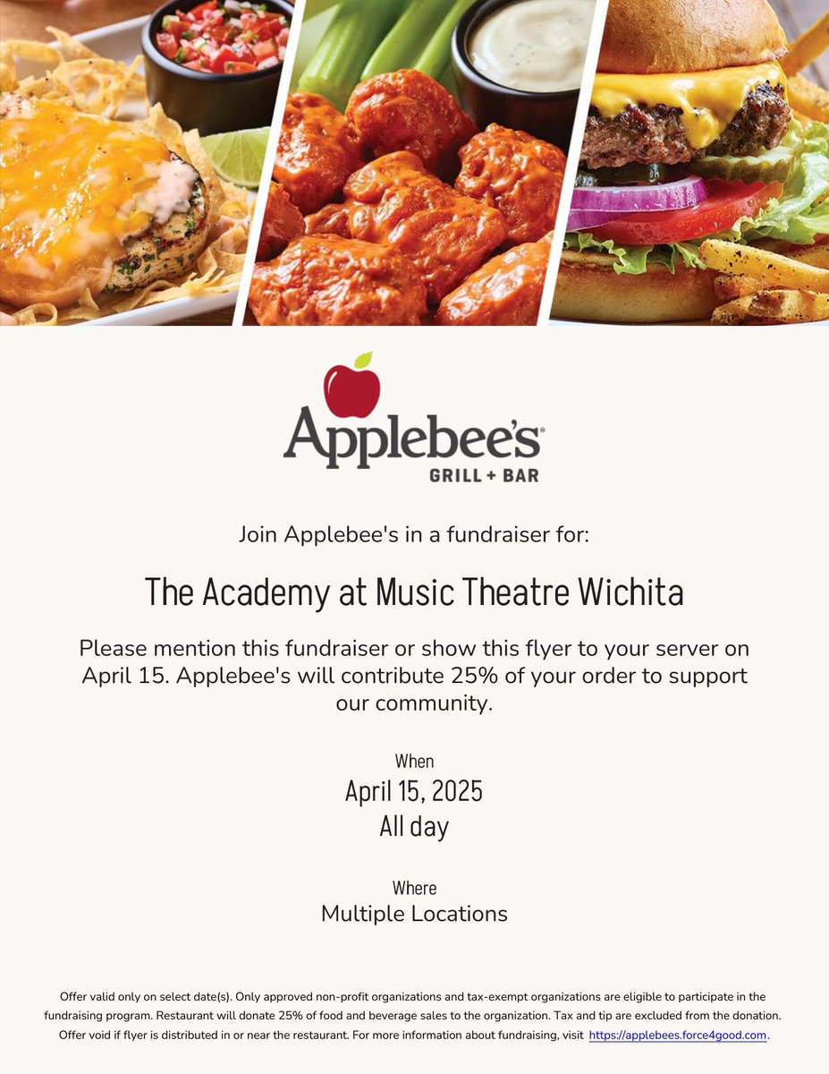 Music Theatre Wichita (@mtwichita) on Twitter photo Support MTWichita's The Academy with <a href="/Applebees/">Applebee's Grill + Bar</a>! 2 locations (3025 N Rock & 320 S Ridge) are donating 25% of your order on April 15th! Show the flyer & make a difference! #mtwichita #SupportTheArts #Fundraiser Support MTWichita's The Academy with <a href="/Applebees/">Applebee's Grill + Bar</a>! 2 locations (3025 N Rock & 320 S Ridge) are donating 25% of your order on April 15th! Show the flyer & make a difference! #mtwichita #SupportTheArts #Fundraiser
