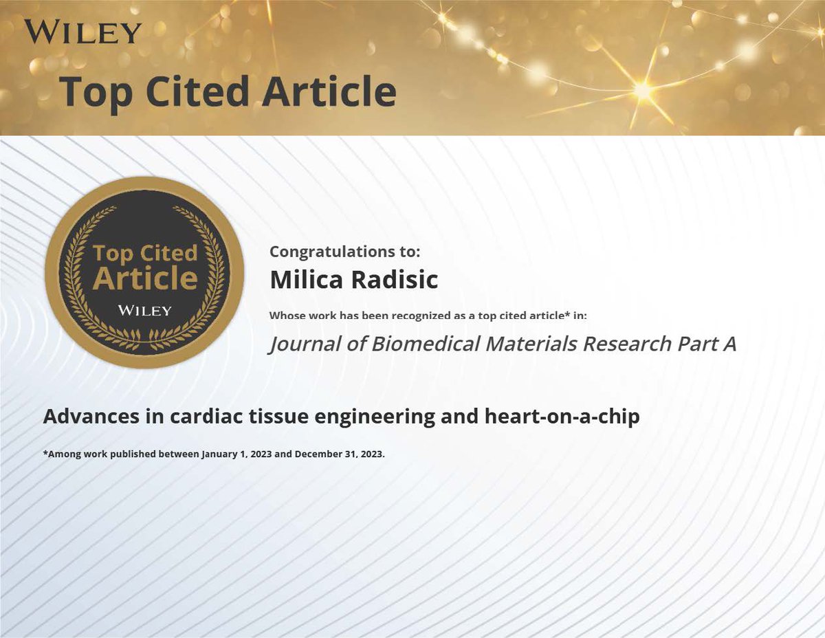 milicaruoft's tweet image. Congrats to @JenniferKieda  and the team from the Radisic lab for the top cited paper in #JBMR @WileyGlobal  Advances in cardiac tissue engineering and heart-on-a-chip onlinelibrary.wiley.com/doi/10.1002/jb…