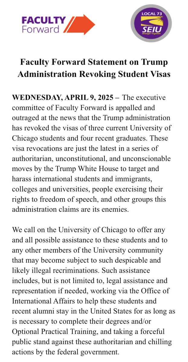 UChi_FacForward's tweet photo. Faculty Forward unequivocally condemns these visa revocations and calls on the University of Chicago to stand with its international students, workers, and community members against these authoritarian tactics. Read our full statement below: https://t.co/VUaB9NoqvU