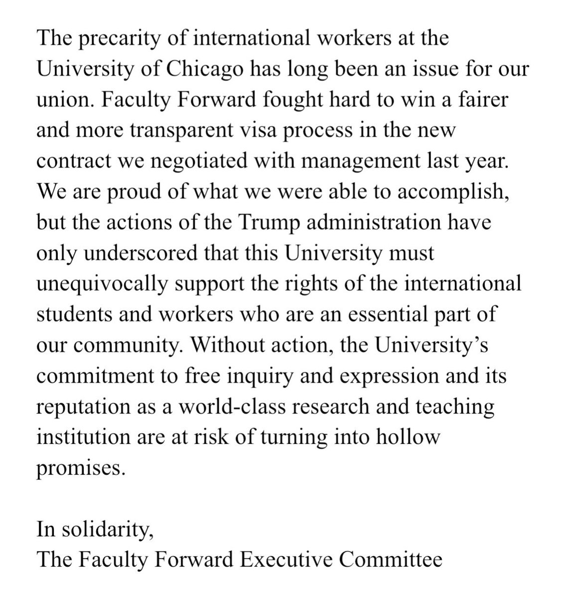 Faculty Forward unequivocally condemns these visa revocations and calls on the University of Chicago to stand with its international students, workers, and community members against these authoritarian tactics. Read our full statement below:
