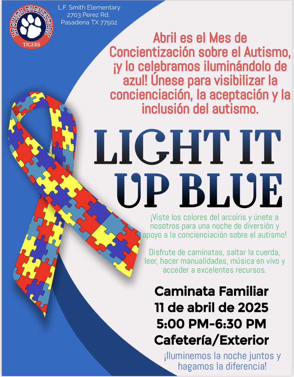 LF Smith Elementary (@lfsmithelem) on Twitter photo 💙 Our Light it Up Blue for Autism Family event is Friday 5:00-6:30pm! It’s free and open to all families! We hope to see you all here! Pasadena Independent School District💙 <a href="/PasadenaISD_TX/">Pasadena ISD</a> 💙 Our Light it Up Blue for Autism Family event is Friday 5:00-6:30pm! It’s free and open to all families! We hope to see you all here! Pasadena Independent School District💙 <a href="/PasadenaISD_TX/">Pasadena ISD</a>