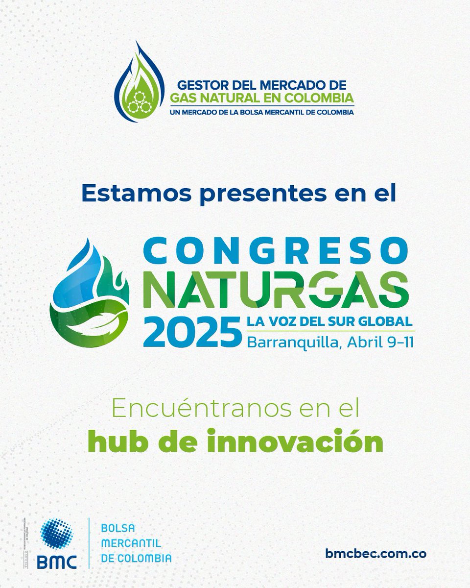 📢 ¡Nos vemos en el #CongresoNaturgas2025!  

Del 9 al 11 de abril estaremos en el Hub de Innovación, compartiendo cómo los datos operativos y transaccionales fortalecen decisiones estratégicas en el sector energético.  

#TransiciónEnergética #GasNatural #BolsaMercantil
