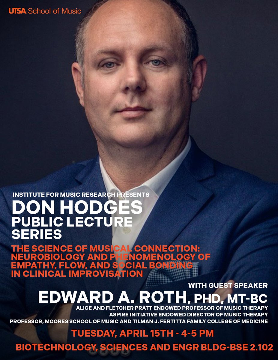 @UTSABrainHealth (@utsabrainhealth) on Twitter photo Join us April 15th from 4-5p for part of <a href="/UTSAmusic/">UTSA School of Music</a>'s Don Hodges Public Lecture Series (free and open to the public!).
Dr. Edward Roth presents on how music and neurobiology work together.
<a href="/UTSAResearch/">UT San Antonio Research</a> <a href="/UTSASciences/">College of Sciences</a> <a href="/UTSACOLFA/">UTSA College of Liberal and Fine Arts</a> #Brainhealth Join us April 15th from 4-5p for part of <a href="/UTSAmusic/">UTSA School of Music</a>'s Don Hodges Public Lecture Series (free and open to the public!).
Dr. Edward Roth presents on how music and neurobiology work together.
<a href="/UTSAResearch/">UT San Antonio Research</a> <a href="/UTSASciences/">College of Sciences</a> <a href="/UTSACOLFA/">UTSA College of Liberal and Fine Arts</a> #Brainhealth