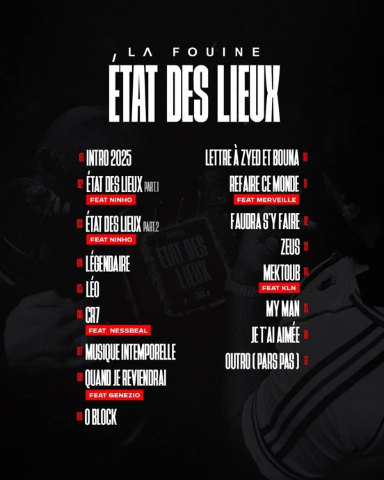 La Fouine annonce en direct de son Bercy, un nouveau projet « ÉTAT DES LIEUX »

En featuring : Ninho 2x, Genezio, Nessbeal, Merveille, KLN 

BIENTÔT DISPONIBLE 📀