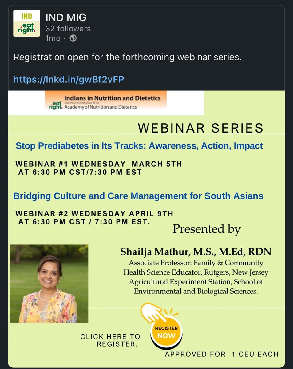 RDNSMathur's tweet photo. Inviting all caregivers of south Asians living with diabetes to a webinar tonight at 7:30 pm EST . Register at 
https://t.co/rHtoCD16BK  
#iND-MIG #Academy of Nutrition and Dietetics #diabetes https://t.co/Fflb2VzwA2