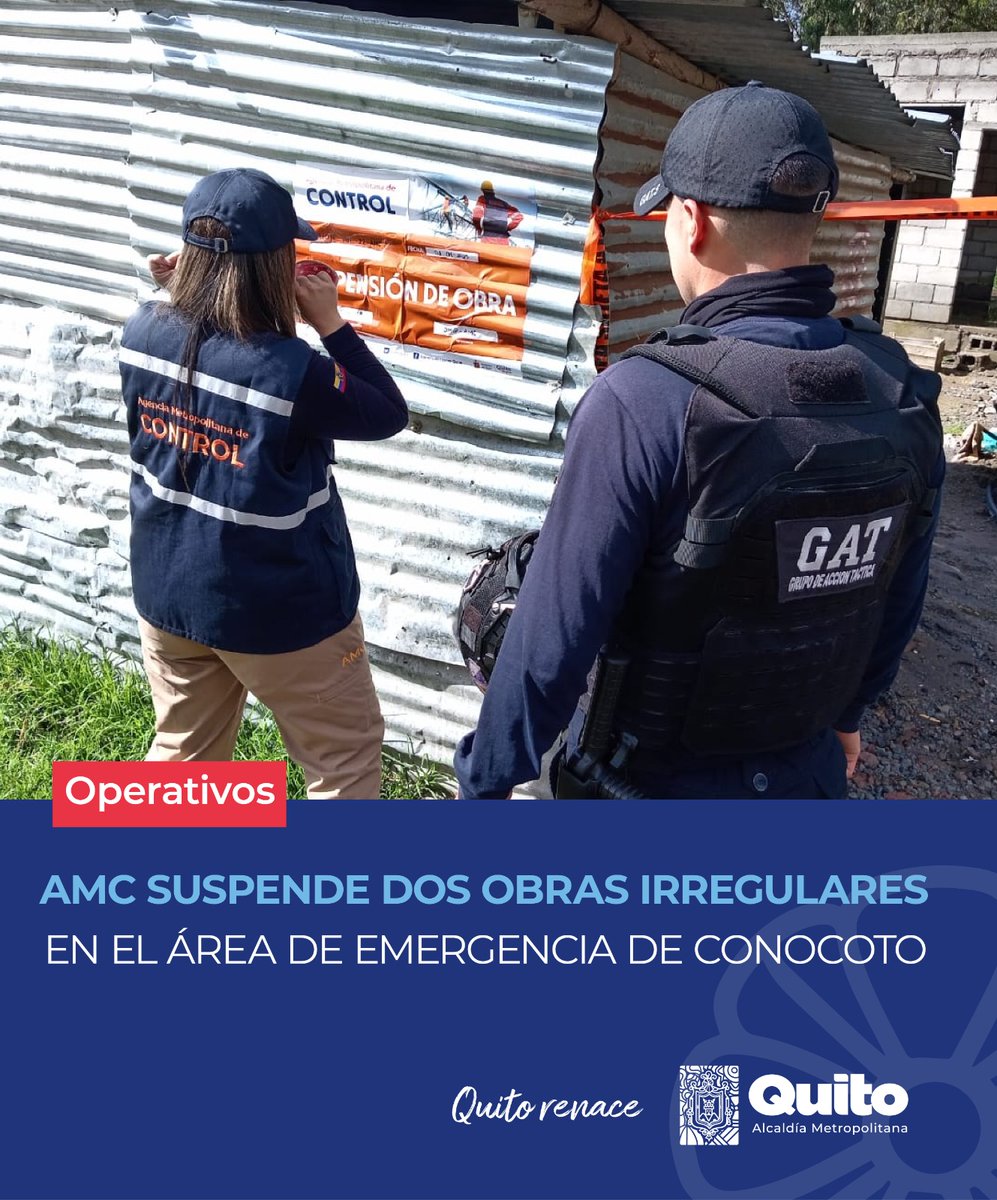 amcquito's tweet photo. 🛃 #BoletínDePrensa | Junto a la @zonalchillos y @agentesdequito, suspendimos dos obras de construcción en el sector de Conocoto, una de las zonas actualmente priorizadas por deslizamientos de tierra debido a las fuertes lluvias.  

🎥 En el sobrevuelo con drones, la #AMCQuito detectó tuberías que desembocaban en la quebrada Los Arupos, además los encargados de la obra contaminaban el área con escombros. 🏔🌿

Este tipo de infracción representa una multa de hasta 75 salarios básicos, es decir $35.250 USD. 💵

Entérate aquí: 👉🏼 https://t.co/M0l1pAYdEK 

Con orden y control, #QuitoRenace.