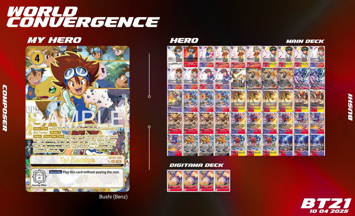 DARKAREA_tcg's tweet photo. 🟣BT21 - WORLD CONVERGENCE
🃏Deck - My Hero (Hero)
🖋️Composer - Bushi (Benz)
Thank you, Bushi-sensei for this drop!!
Stay tune for more BT-21 decks compose by him 🙂
#darkarea #digimontcg #digimonmeta #BT21
#デジモン #デジカ #デジモンカードゲーム https://t.co/s2ThG2OANZ