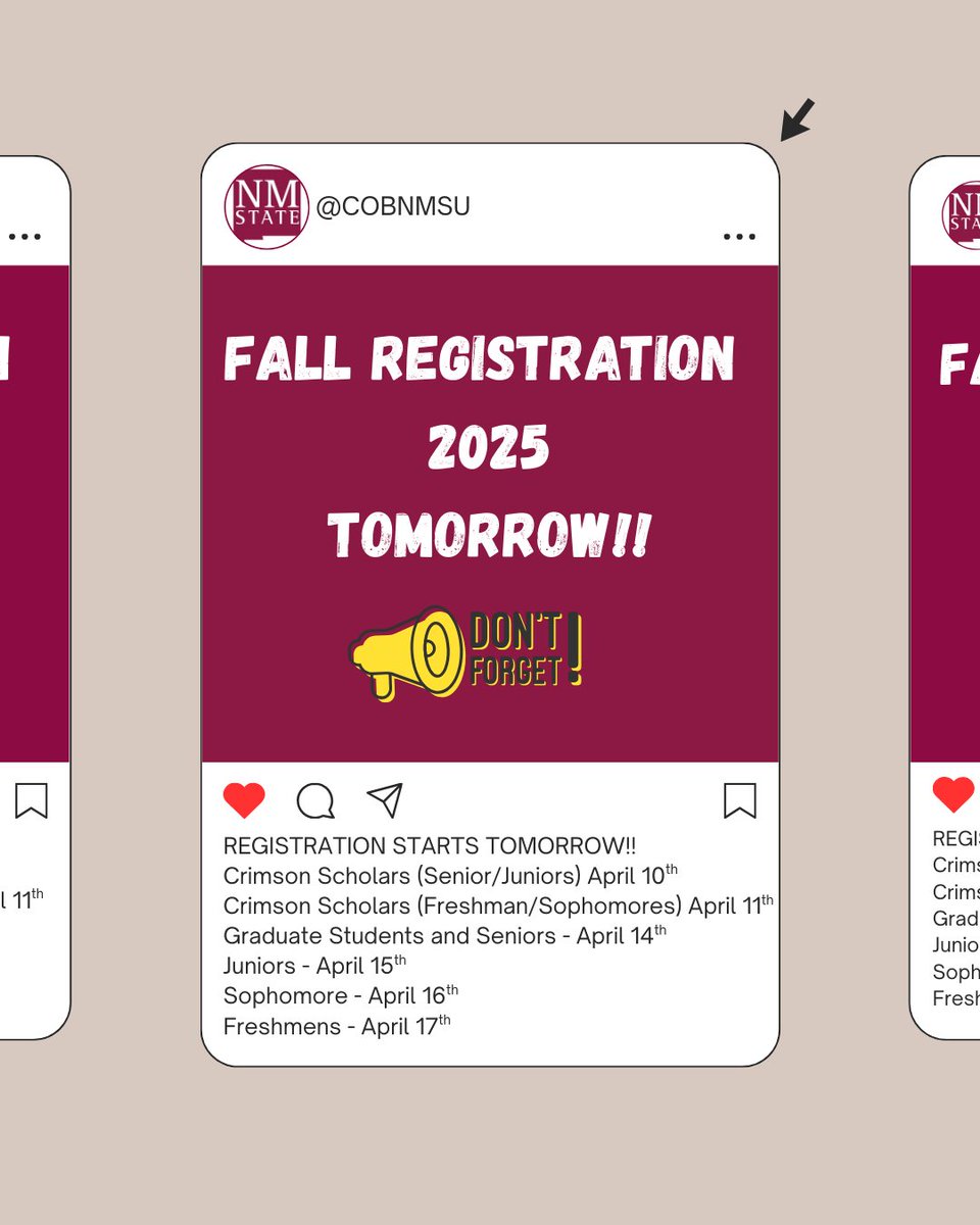 Don't forget to register for Fall. Starts tomorrow‼️

Link to see all dates: records.nmsu.edu/students/regis…