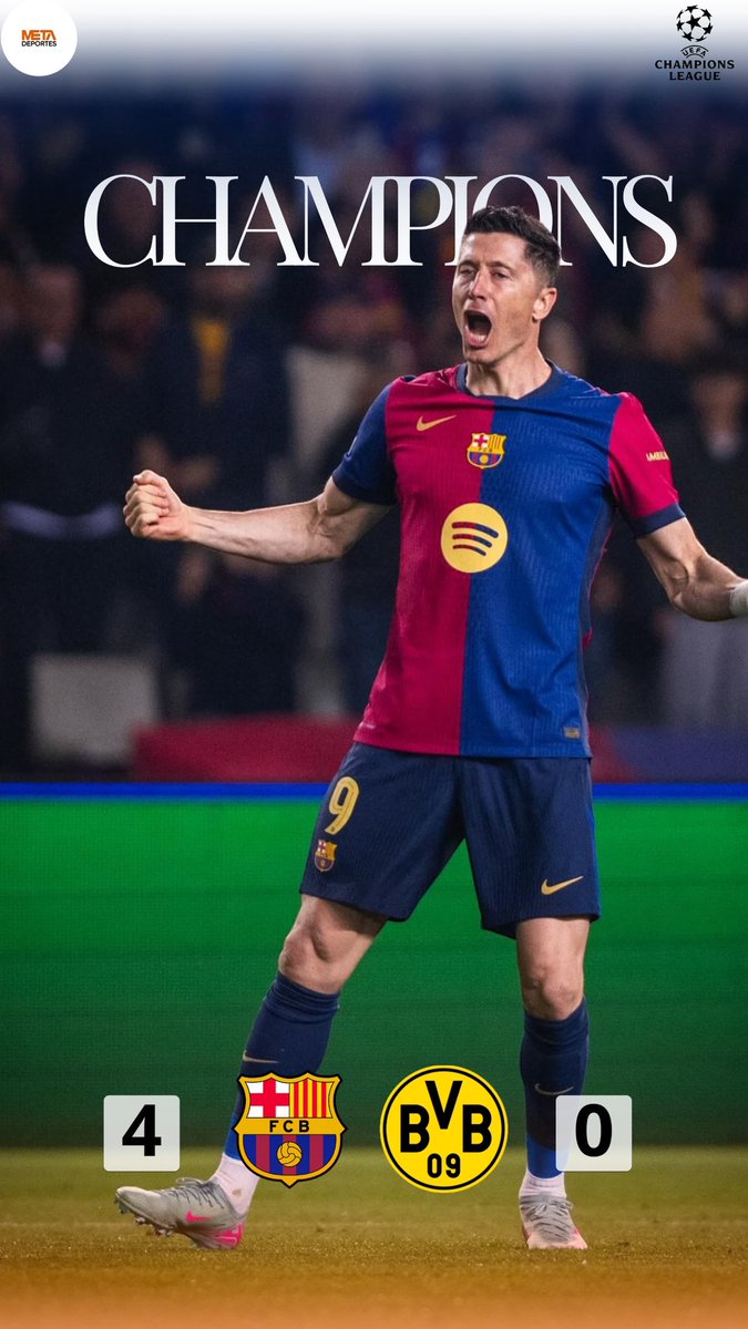 metadeportes_'s tweet photo. PALIZA DEL F.C BARCELONA🔵🔴
El conjunto de Hansi Flick aplastó al Borussia Dortmund por 4-0 en los cuartos de final (ida) de la Champions League🏆🔥 
Raphinha la figura, gol y doblete de asistencias⚽️👟👟
Lewandowski x2⚽️⚽️
Lamine Yamal⚽️

#metadeportes #fútbol #ChampionsLeague https://t.co/DquNO4PSr7