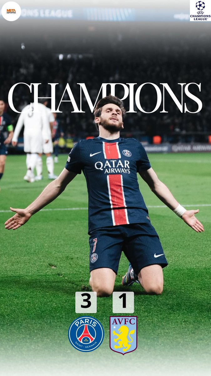 metadeportes_'s tweet photo. PSG TOMA VENTAJA🇫🇷

El equipo parisino logró una valiosa victoria vs Aston villa de “Dibu Martinez”, por 3-1 y llega con ventaja a la vuelta de estos cuartos de final de la Champions League🏆🔥

⚽️ Doué 
⚽️Kvaratskhelia

⚽️ Rogers 

#metadeportes #fútbol #championsleague #psg https://t.co/EoN0faRyxV