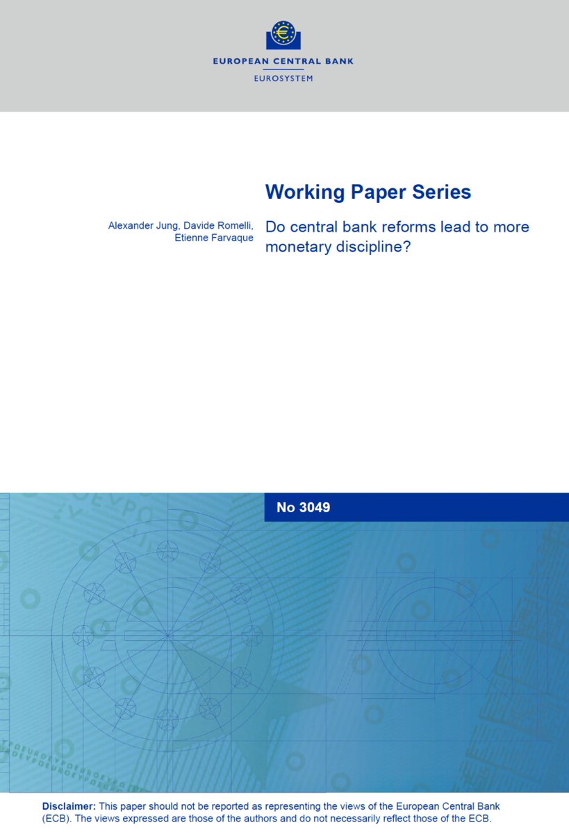 Super interesting!

"Do central bank reforms lead to more monetary discipline?" by Alexander Jung, Davide Romelli, and Etienne Farvaque.

"This paper investigates the impact of reforms altering legal central bank independence (CBI) on monetary policy discipline and credibility,