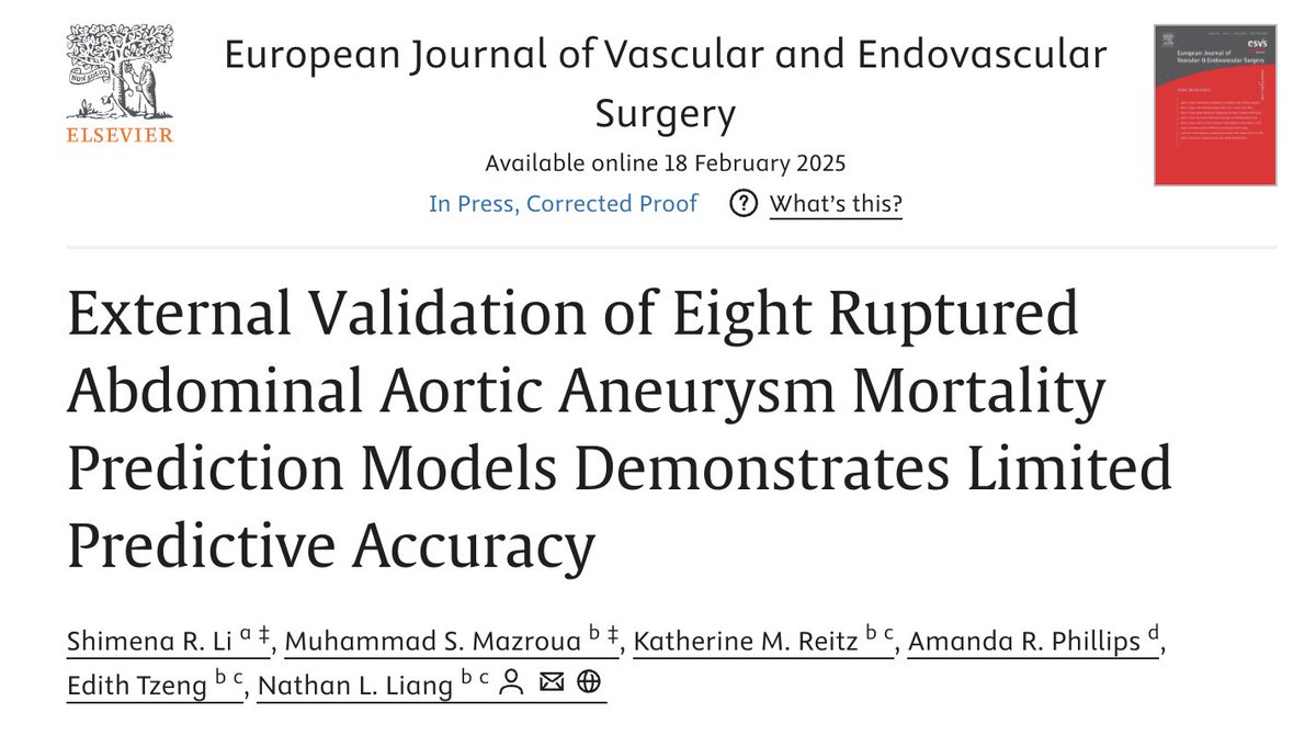 Publication Alert! 🚨
Excited to share our paper validating 8 risk prediction models for ruptured AAAs just got published in <a href="/EJVES_ESVS/">EJVES</a> #VascularSurgery #AAA
Check it out 👇
doi.org/10.1016/j.ejvs…