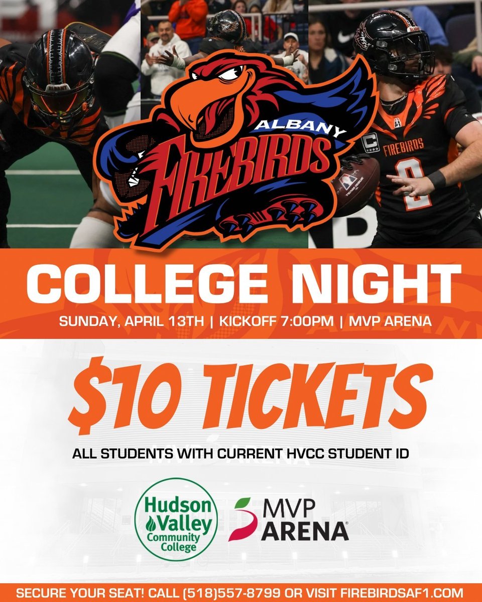 Attention all Vikings! Show your current HVCC Student ID and get tickets to the April 13th Championship Rematch Game for only $10! See you there! 🔥 🦅

Limited time offer: Call (518)557-8799