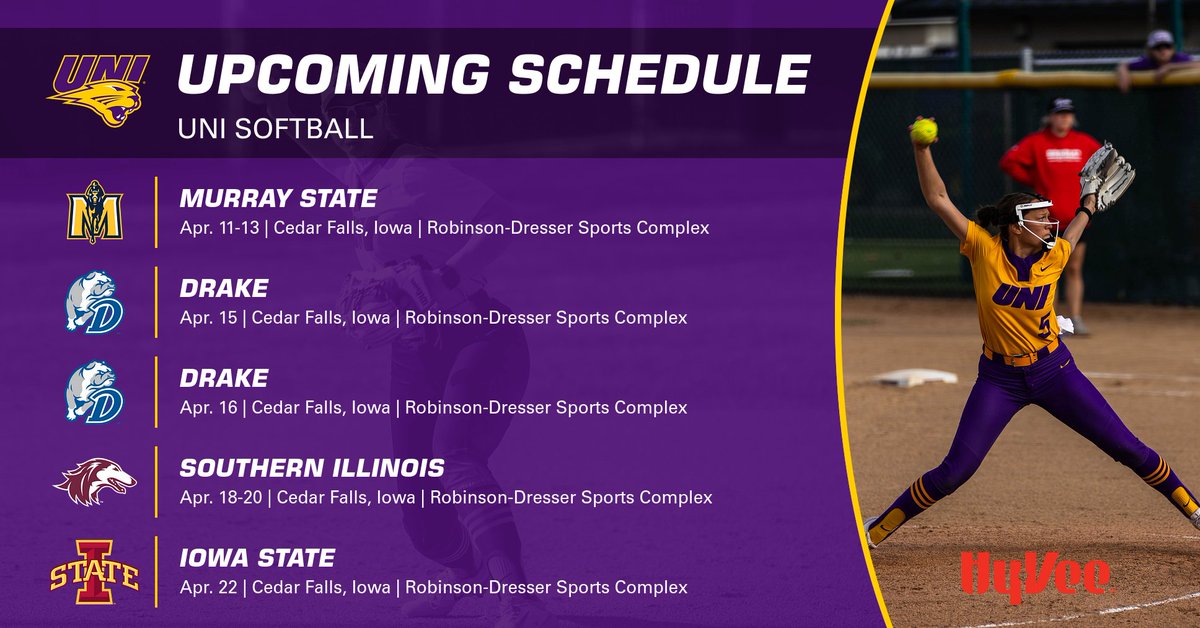 UNISoftball's tweet image. Settling in for the first of NINE STRAIGHT home games this weekend against the Racers! 🥎 

Our upcoming schedule is presented by @HyVee! 📆 

#EverLoyal #1UNI