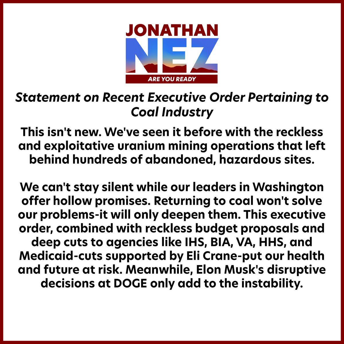 FormerPrezNez's tweet image. Opening federal lands up for the extraction of coal is not only shortsighted economically, it also threatens our precious water supply and the health of our fellow community members. My full statement on the matter is here.