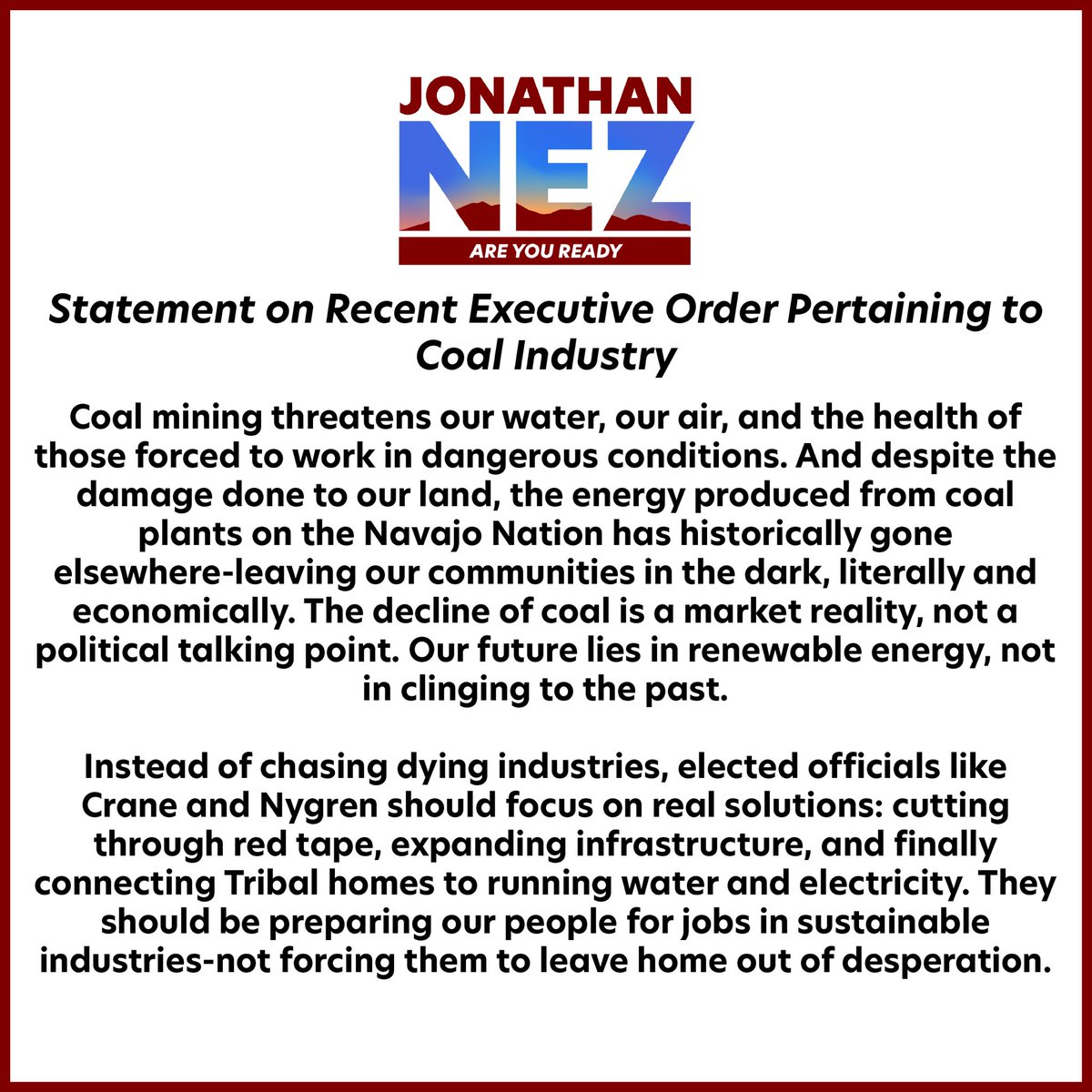 FormerPrezNez's tweet image. Opening federal lands up for the extraction of coal is not only shortsighted economically, it also threatens our precious water supply and the health of our fellow community members. My full statement on the matter is here.