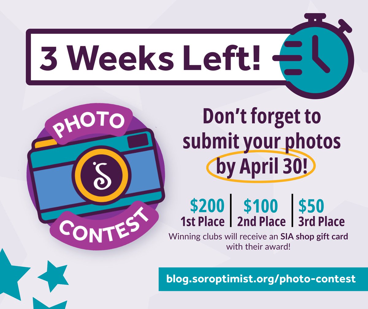 Only three weeks left to submit your entries for the SIA Photo Contest! 📸 

We're looking for high-quality photos that reflect our mission in action. Don't miss this opportunity to showcase your club's impactful work! 

Submit your photos here: blog.soroptimist.org/photo-contest