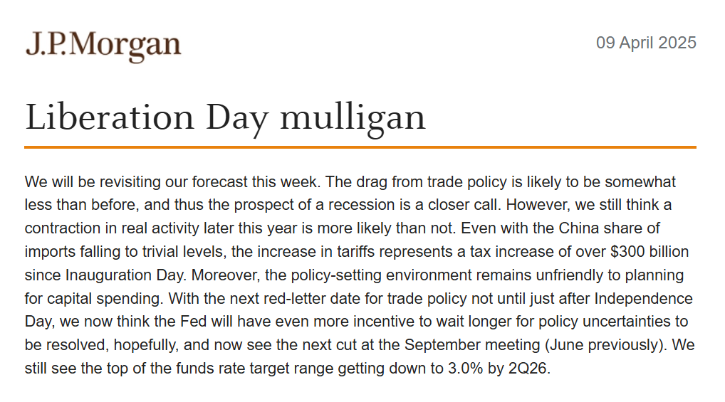JPMorgan: "The drag from trade policy is likely to be somewhat less than before, and thus the prospect of a recession is a closer call. However, we still think a contraction in real activity later this year is more likely than not."

Pushes next Fed cut to Sept from June