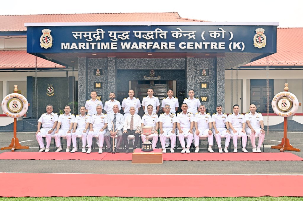 IN_HQSNC's tweet photo. The coveted VAdm GM Hiranandani Rolling Trophy 2025 for standing first in overall order of merit in Warfare Specialisation course was awarded to Lt Dushyant Singh at #SNC,#Kochi on #08Apr 25. Book prizes were awarded to Lt Cdr Vijay Kureeya and Lt Cdr Siddharth S for standing 2nd and 3rd respectively. 
RAdm Upal Kundu, #COS #SNC was the Chief Guest for the award ceremony. Speaking on the occasion, he emphasised the role & responsibilities of specialist officers onboard ships and the need to remain committed and focussed as thorough professionals whilst keeping pace with technology and ever changing threats. 
The family of Late VAdm GM Hiranandani were also present for the award ceremony.