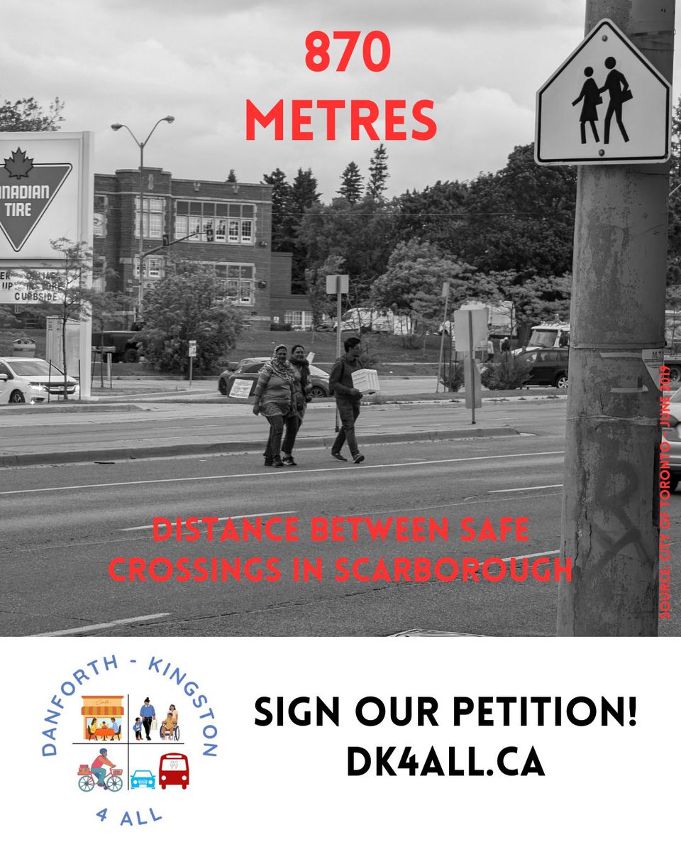 870 m between safe crossings is unsafe and unwelcoming. This is not the Danforth-Kingston we want. We want a safe and vibrant street, that encourages residents to patronize local businesses.

Sign our petition > dk4all.ca/sign

#ScarbTO #walkTO #ward20 #ward24 #bikeTO