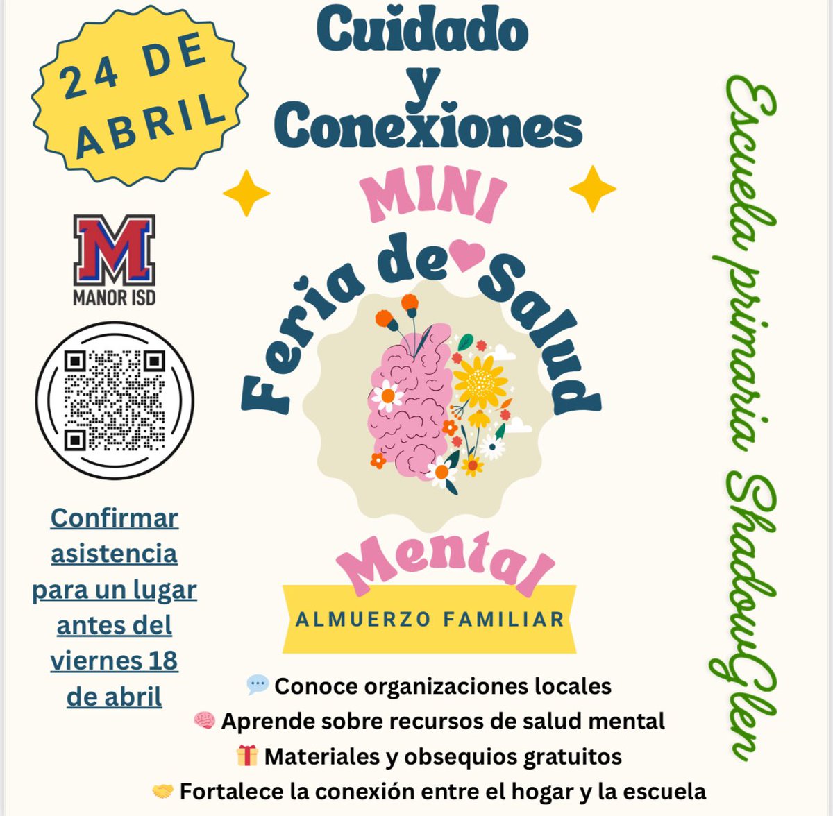 📌📣 💚SGE families: Join us for our Care &amp; Connections Mini Mental Health Fair on Thursday, 4/24, during lunch! Connect with local partners and access mental health resources. Bring a valid ID for check-in. Chicken fajita nacho lunch available for $5.00. RSVP by April 18th! 💚💙
