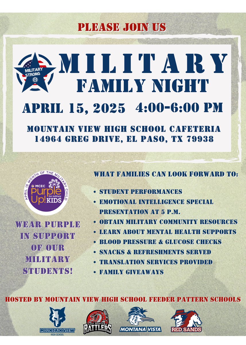 You're Invited! Military Family Night at Mountain View High School 🇺🇸

Join us as we celebrate and honor the incredible service and sacrifice of our military families!

📅 Tuesday, April 15, 2025
🕕 4:00-6:00 PM
📍 Mountain View High Cafeteria

We’re bringing together our school