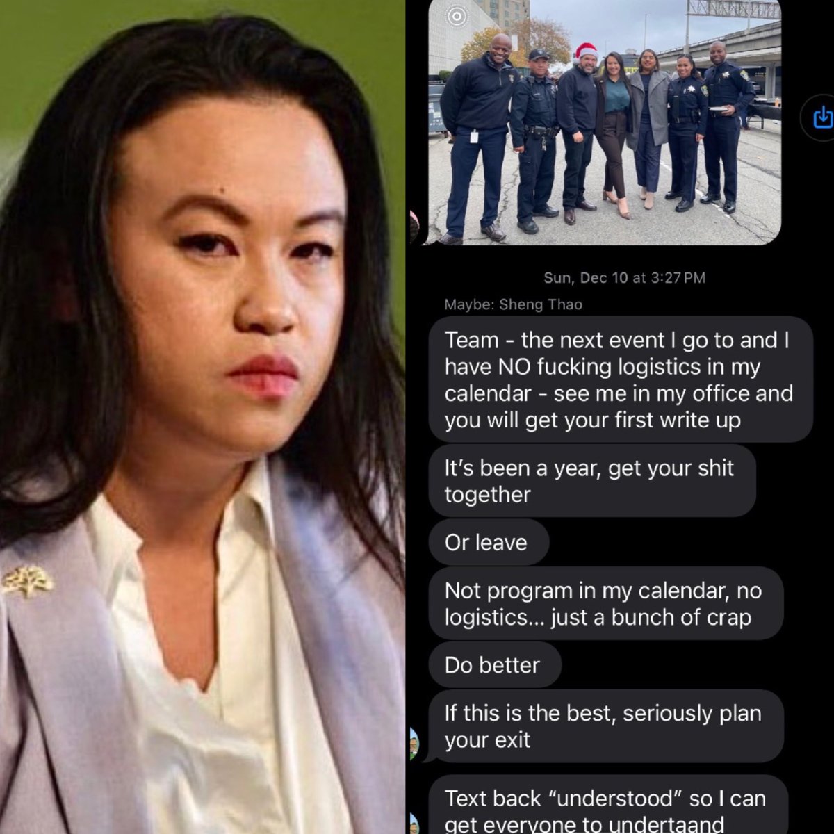 YayAreaNews's tweet photo. Leaked messages show Oakland Mayor Sheng Thao cussing out her staff after being recalled by the people of Oakland.

She’s now facing 95 years in federal prison for corruption, fraud, and money laundering. https://t.co/QcxfL3t5fg