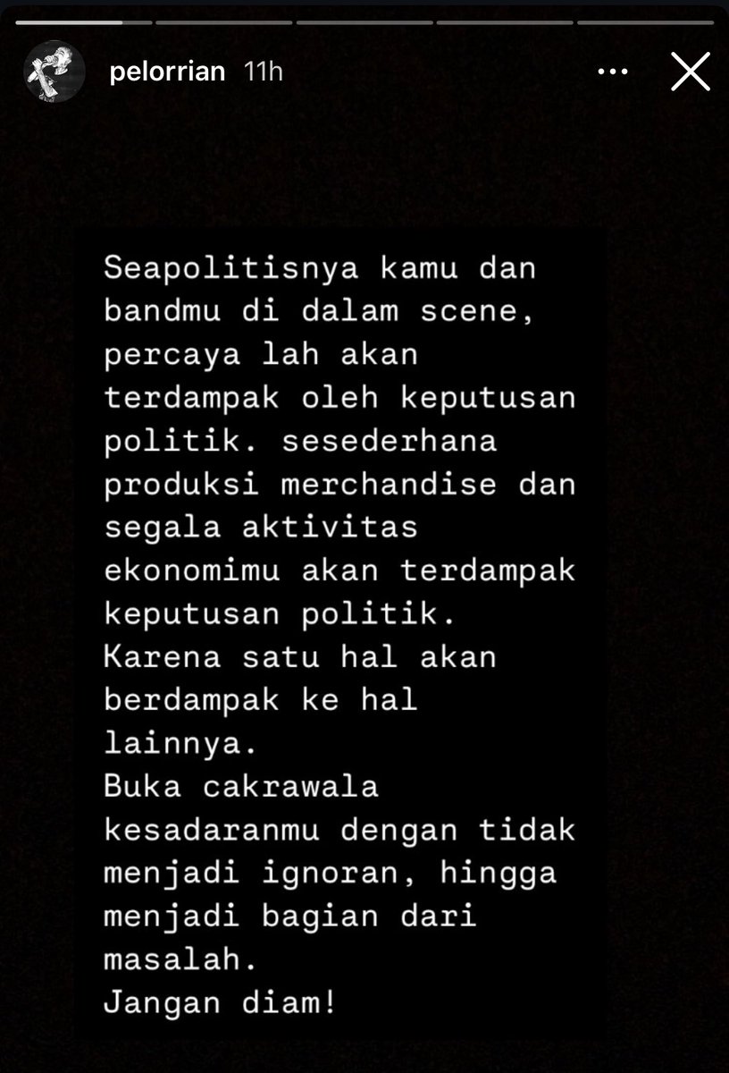 . (@pgybncrwdsrf) on Twitter photo Menjadi ignoran tetap kena dampaknya dan cepat atau lambat masalah itu akan masuk ke dalam ‘bubble’ kalian yang merasa ini baik-baik saja. Negara udah punya hutang bertriliun-triliun dan gak akan lama lagi hancur. Jangan pilih diam, gerak selangkah demi selangkah.
✍️📸<a href="/pelorrian/">Farid Amriansyah</a> Menjadi ignoran tetap kena dampaknya dan cepat atau lambat masalah itu akan masuk ke dalam ‘bubble’ kalian yang merasa ini baik-baik saja. Negara udah punya hutang bertriliun-triliun dan gak akan lama lagi hancur. Jangan pilih diam, gerak selangkah demi selangkah.
✍️📸<a href="/pelorrian/">Farid Amriansyah</a>
