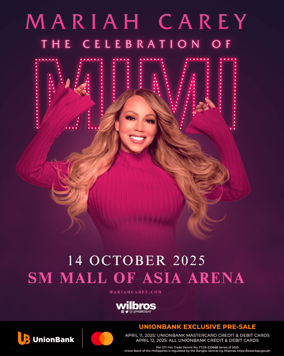 🎙️We belong together in this next awesome concert experience! Mariah Carey is heading to Manila and U get first dibs on tickets, only with UnionBank!

Use the first 6 digits of your eligible UnionBank Credit or Debit Card to get early access to tickets at SM Tickets Online:

 -