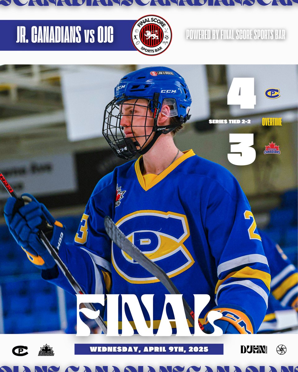 FINAL SCORE
Powered by our friends @final_score_sports_bar_cp 

The Carleton Place Junior Canadians win a thriller in overtime, Gabriel Bergeron was the hero! Joe Devlin had a hattrick in regulation!

🔵🟡🔵
#CPC #BetterEveryDay