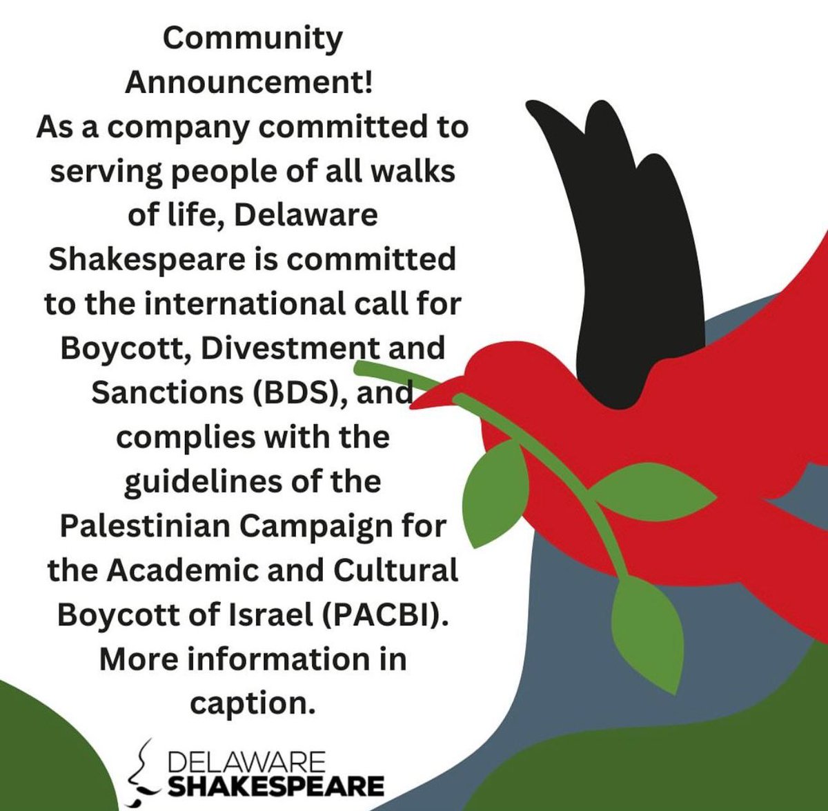StopAntisemites's tweet photo. The Delaware Shakespeare company, a 501c3, is participating in the antisemitic BDS movement.

Voice your concern to artistic director Mariah Ghant: mariah@delshakes.org

Delaware is one of multiple states with anti BDS laws in place. https://t.co/mETribrnOW