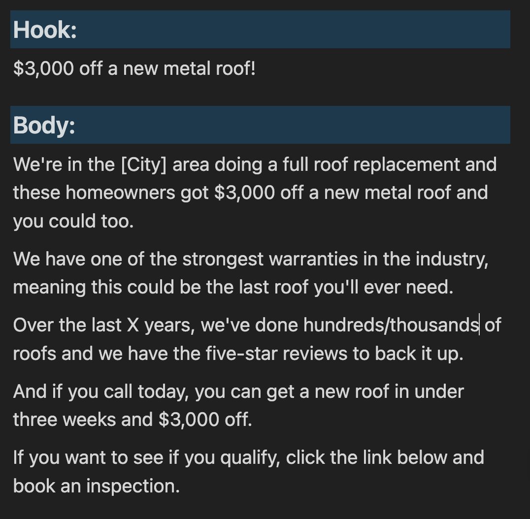 Bad results on FB ads?

Scammy offers bring in scammy leads.

Non scammy ads usually don't do well.

So, we tried a discount with metal roofs.

Metal attracts higher-quality people but it's expensive.

Adding the discount got high quality without being too costly.

Here's a video