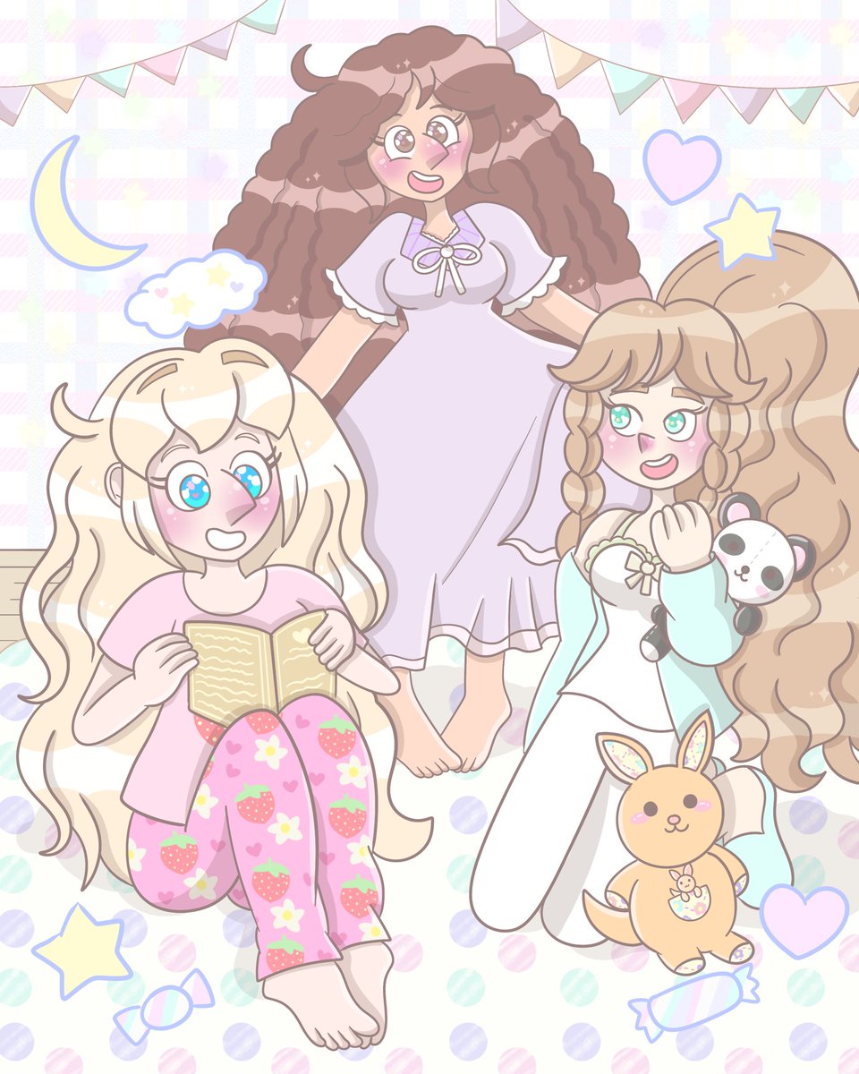 art_by_jemibuni's tweet photo. Aino, Zorica and Daina are having the sweetest slumber party ever! Look at them all together in their PJs reading, cuddling and having fun! 💕
My entry to a cute sleepover themed collab - and I’m so glad I got to draw their pajama outfits I designed in January in a scene! ☁️🦄 https://t.co/RuA0OkkZL2