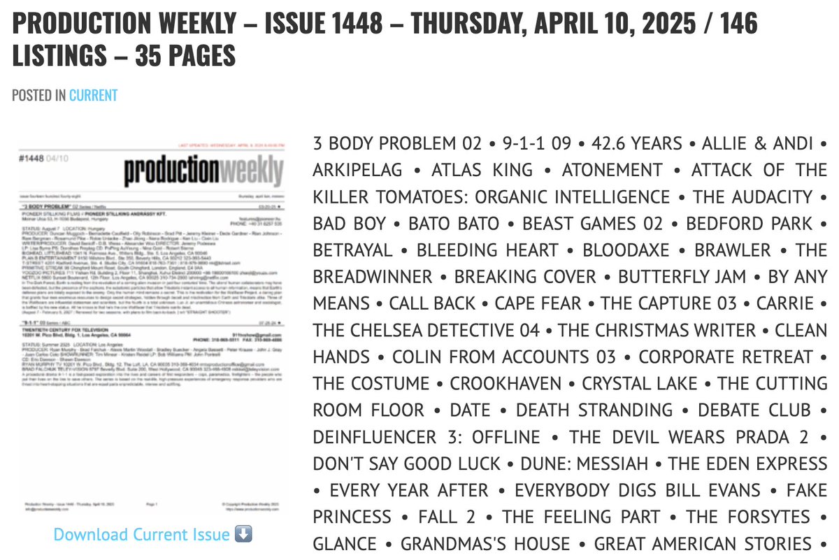Production Weekly - Issue 1448 - Thursday, April 10, 2025 / 146 Listings - 35 Pages

Download Current Issue ⬇️

productionweekly.com/production-wee…