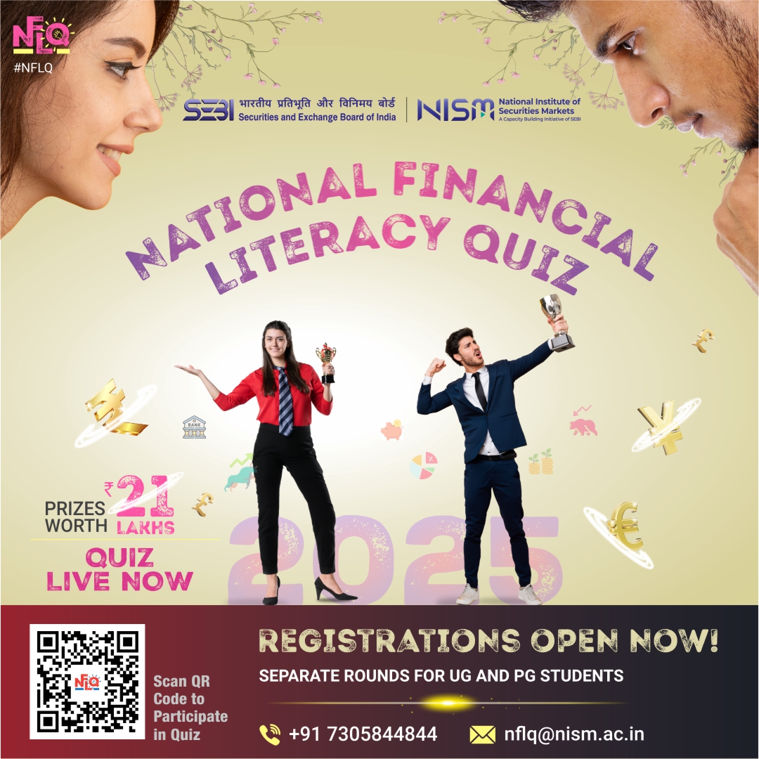 Think you’ve got finance skills? 🧠
Join #NFLQ2025 &amp; compete to become India’s next Financial Literacy Champ! 💸
Open to UG &amp; PG students | Prizes worth lakhs | Finale @ NISM Campus

🗓️ Register now: nflq.nism.ac.in
#GoldenPi #FinanceQuiz