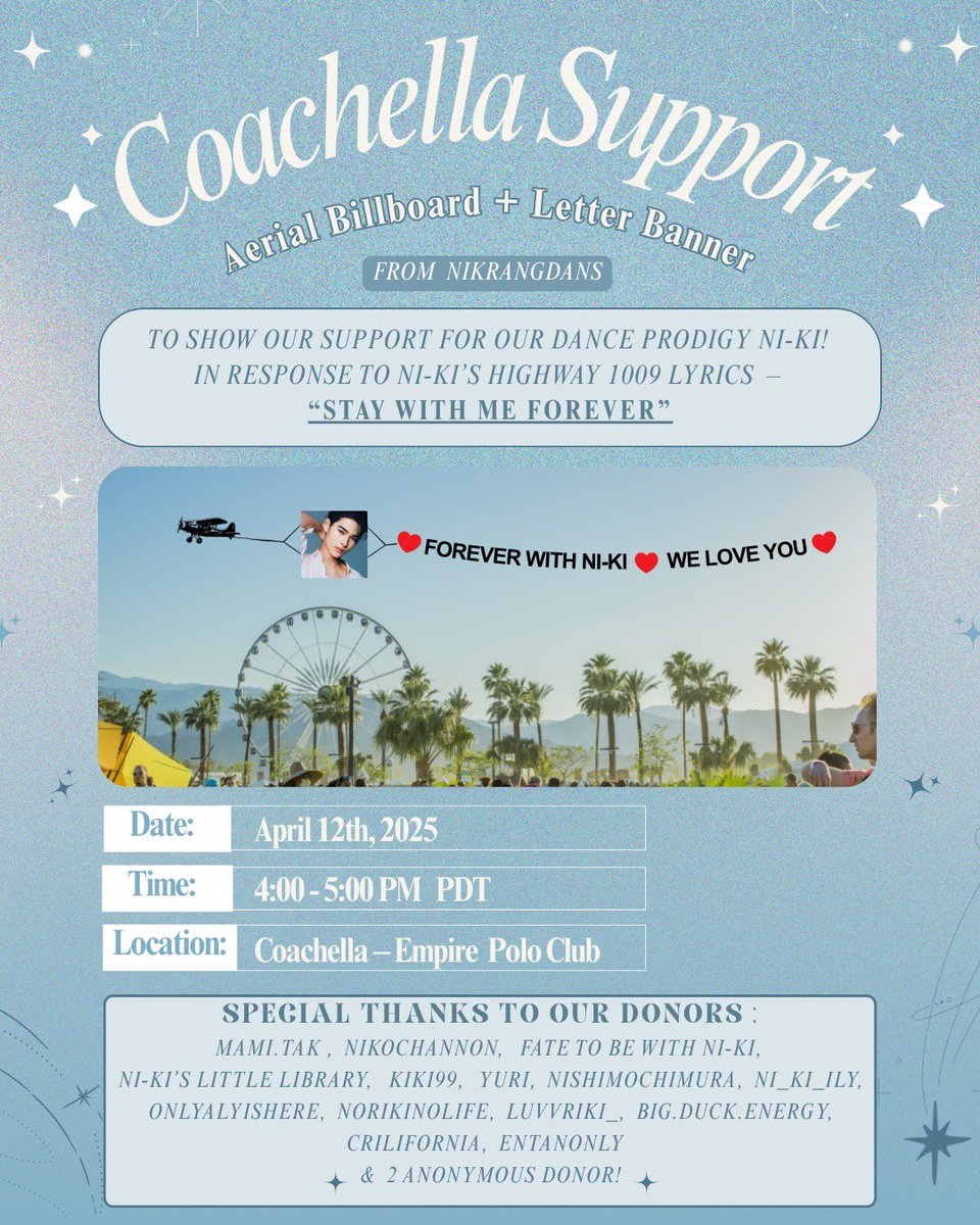 FATE_NI_KI's tweet photo. ✈️⸒⸒ sky info  *⋆✈

#NI_KI くんのCoachella出演をお祝いして、
会場の空にエアバナーが飛びます

▪️4/12(土) 16:00〜17:00（PDT）

「FOREVER WITH NI-KI, WE LOVE YOU」
空から届ける、私たちの愛💌

“Stay with me forever”
この想いを、空にのせて——

#FOREVER_WITH_NI_KI #Coachella2025 https://t.co/TKAKDJRm3x