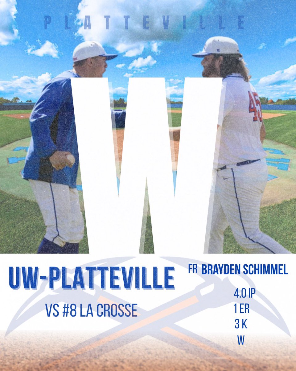 UWPlattBaseball's tweet photo. Freshman Brayden Schimmel threw the final four innings, allowing one run on three hits and striking out three to pick up his second win of the season!‼️

The Pioneers return home for a four-game weekend series vs UW-River Falls starting on Saturday at noon! ⚾️#uwplatteville https://t.co/XjjhgLfvHm