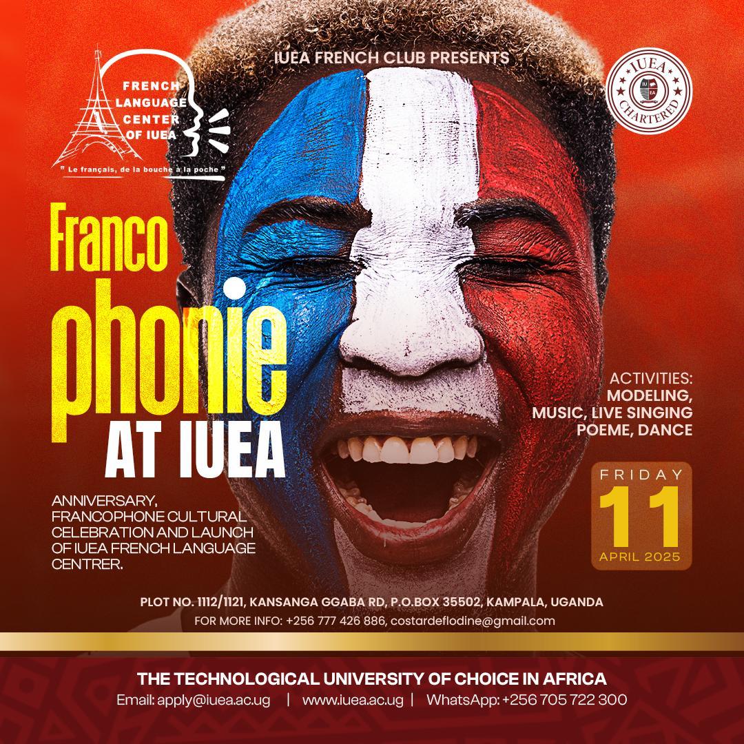 Join us this Friday, 
11th April 2025 at 2:00 PM as we celebrate Francophone culture in style! It's more than just a celebration .
it's the launch of the IUEA French
Language Center.
📍 Venue: IUEA Smartroom
Expect a full showcase of:
#frenchlanguageofiuea