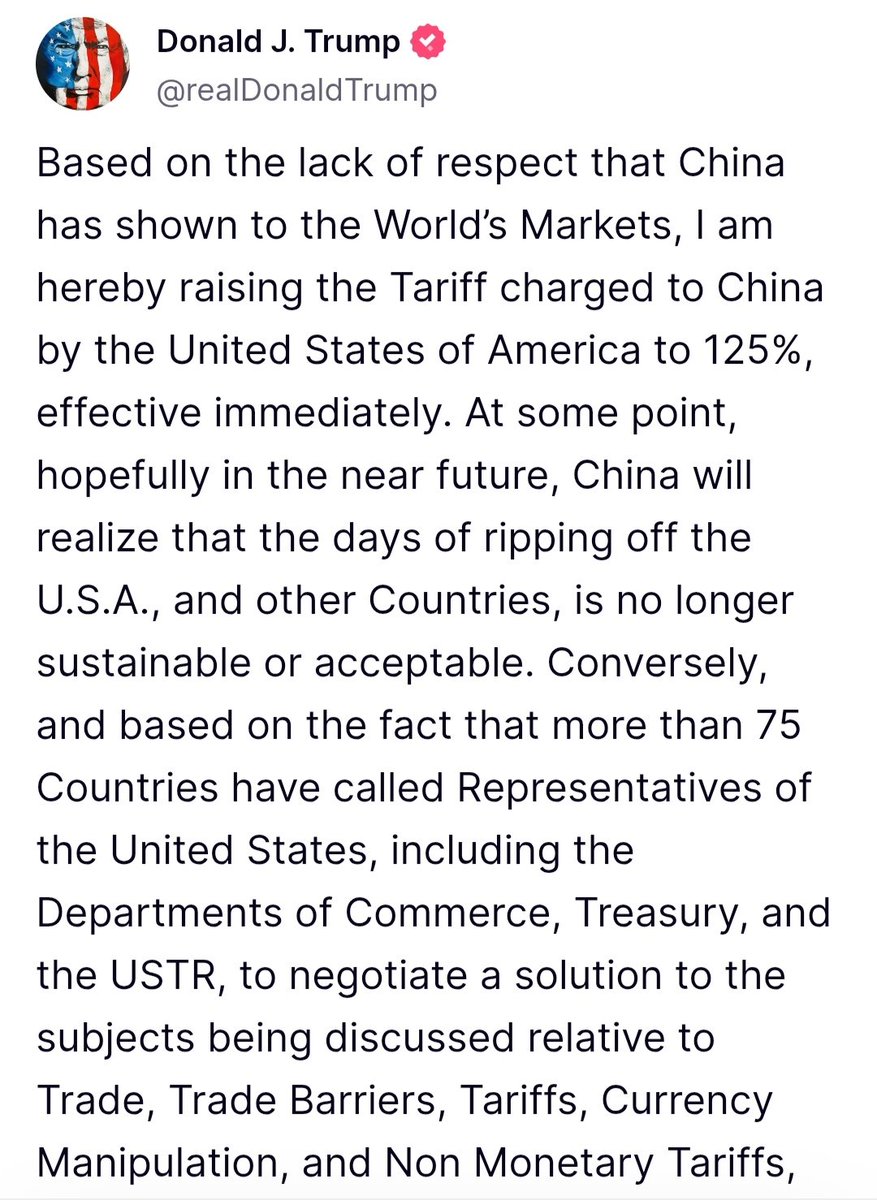 CryptoX365's tweet photo. BREAKING: Trump issued a 90-day pause on tariffs and lowered Reciprocal Tariffs to 10%," except for China. Не raised tariffs on China to 125%, effective immediately. https://t.co/XCz5dEqniW