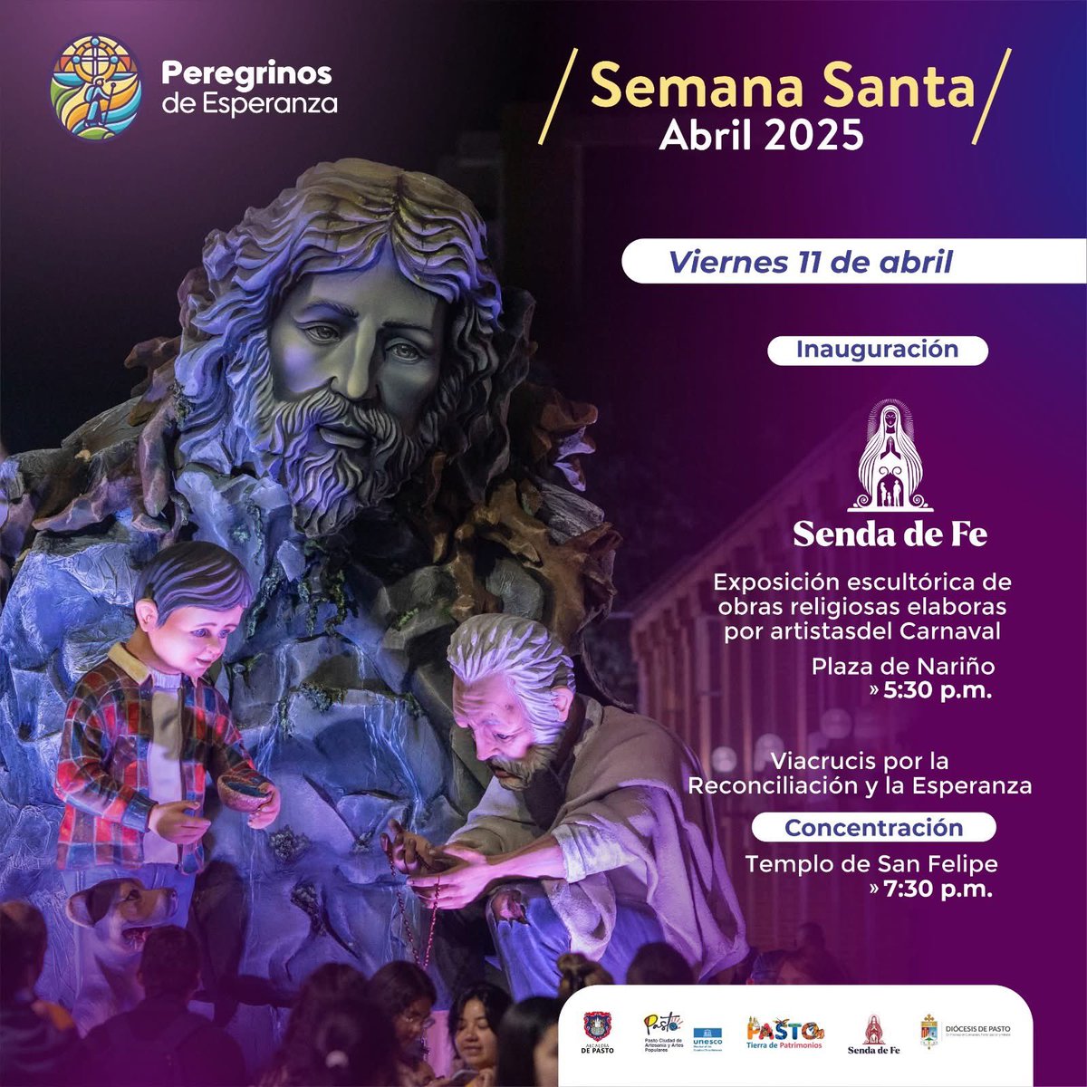 alcaldiapasto's tweet photo. #SemanaSanta | ¡Pasto vive la fe, el arte y la tradición! Te esperamos este viernes 11 de abril, 5:30 p.m., en la apertura de Senda de Fe, un recorrido espiritual con arte del Carnaval. ¡Camina con esperanza!
#SemanaSantaPasto #SendaDeFe https://t.co/8XQbkOWzpa