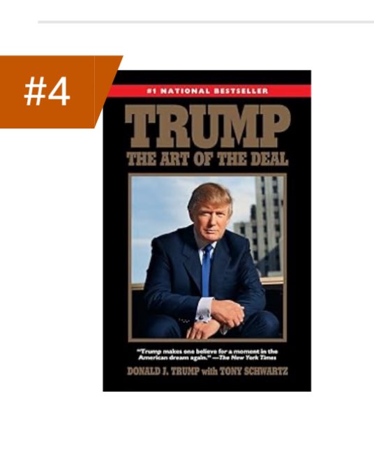 mirandadevine's tweet photo. @realDonaldTrump’s 1987 book “The Art of The Deal” is today’s mover and shaker on Amazon’s bestseller list at #4! 
Bet there are a lot of foreign buyers frantically looking for tips on trade negotiations! https://t.co/2mYHEQDubV
