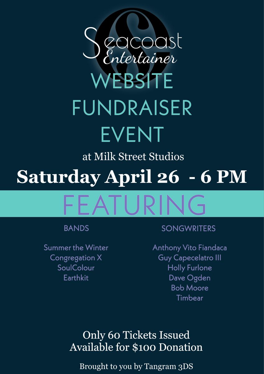 Join us for a show that will be a high-point this year, as a “Thank You” for donating to support the work to create  an artist controlled nonprofit media hub covering the arts communities of the Seacoast region. 

Sponsored by: Tangram 3DS "Imagine What We Can Do For You"