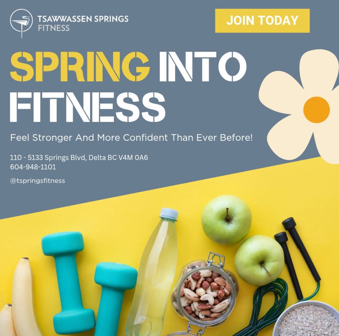 TSpringsFit's tweet photo. Spring Promo!  Receive April for FREE!  Join now for only $59.99 a month!  Month to month.  Open 24/7.  Great perks!  Weekly bootcamps. info@tsawwassenspringsfitness.ca #FitnessMotivation #tsawwassen #tsawwassensprings #golfbc #gymmotivation #deltabc #southdelta #ladner https://t.co/NEbFpVVEsP
